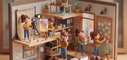 Illustrated cutaway studio where every worker is the same person